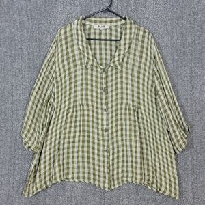 Flax Shirt Womens 1G / 1X Green Gingham 100% Linen Button Down Lagenlook Tunic